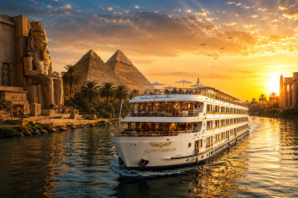 Egypt Tours VIP 豪华尼罗河游轮驶过吉萨金字塔与古埃及神庙的日落美景